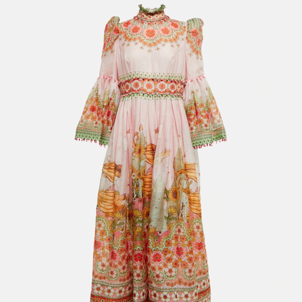 Zimmermann Floral Bell-Sleeve A-Line Gown with Beaded Trim